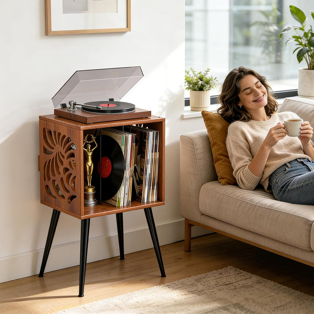 Stylish Record Player Stand with Storage, Holds 100+ Vinyl Records