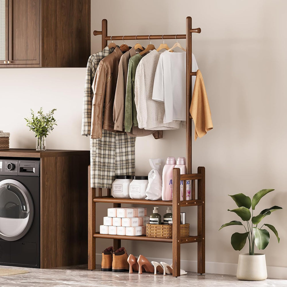 Solid Wood Clothing Rack with Shelves - Coat Rack Freestanding with 6 Hooks L...