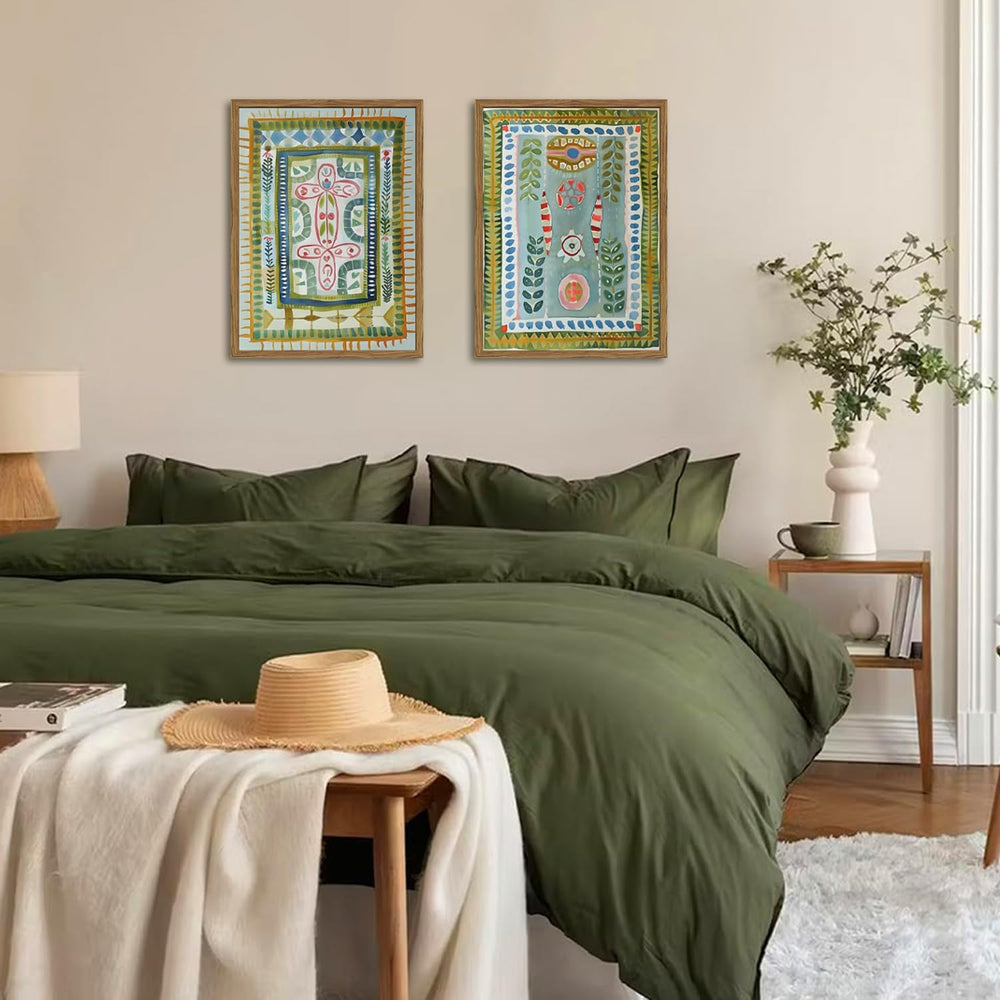 Framed Boho Wall Art Set of 2, Sage Green Botanical Pictures Wall Decor, Abst...