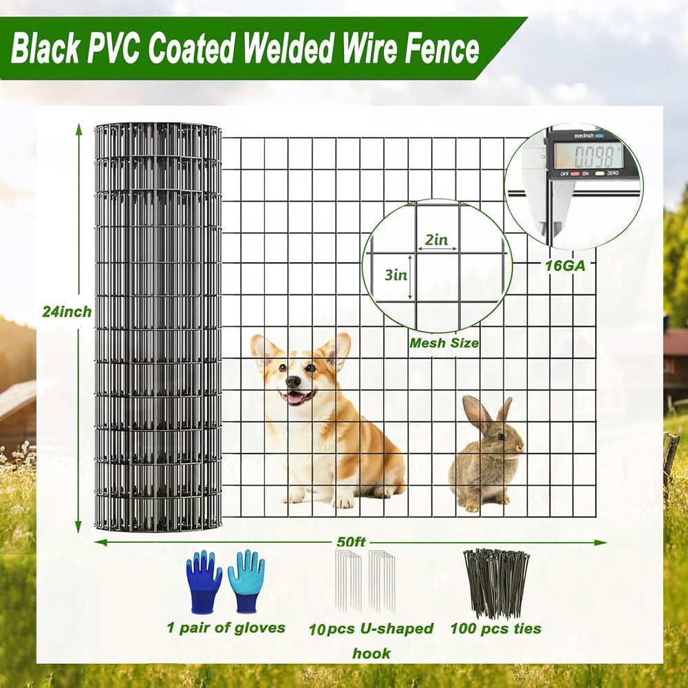 Welded Wire Fence 24inch x 50ft Roll,16 Gauge 2" x 3" Mesh Black
