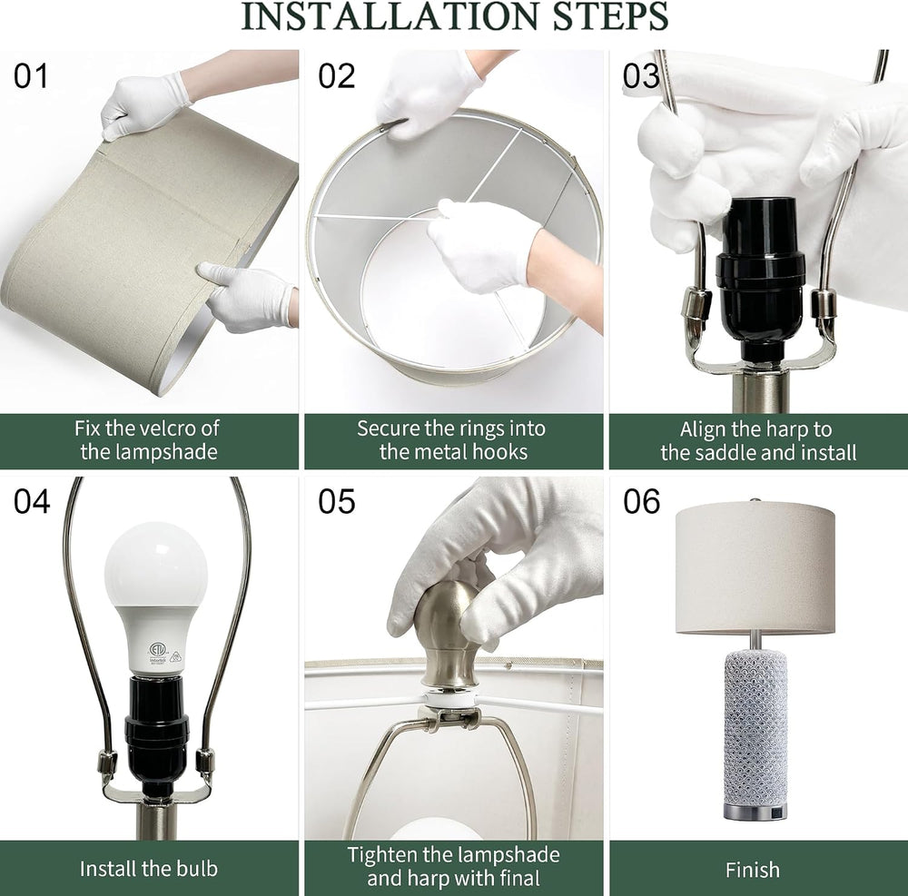 Farmhouse Table Lamps Set of 2 with USB A+C & 3-Way Touch Dimmable