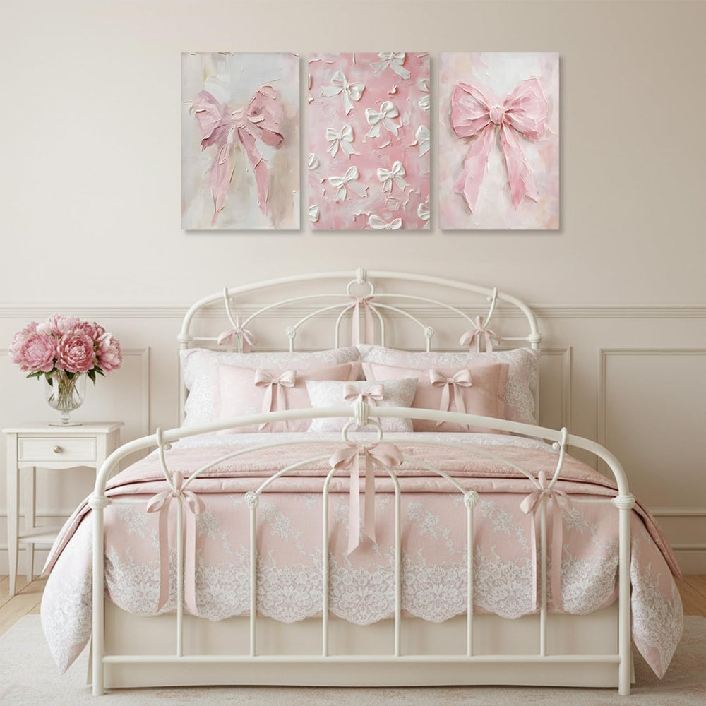 Pink Bow Canvas Wall Art Set of 3 Trendy Preppy Oil Painting Posters Wall Dec...