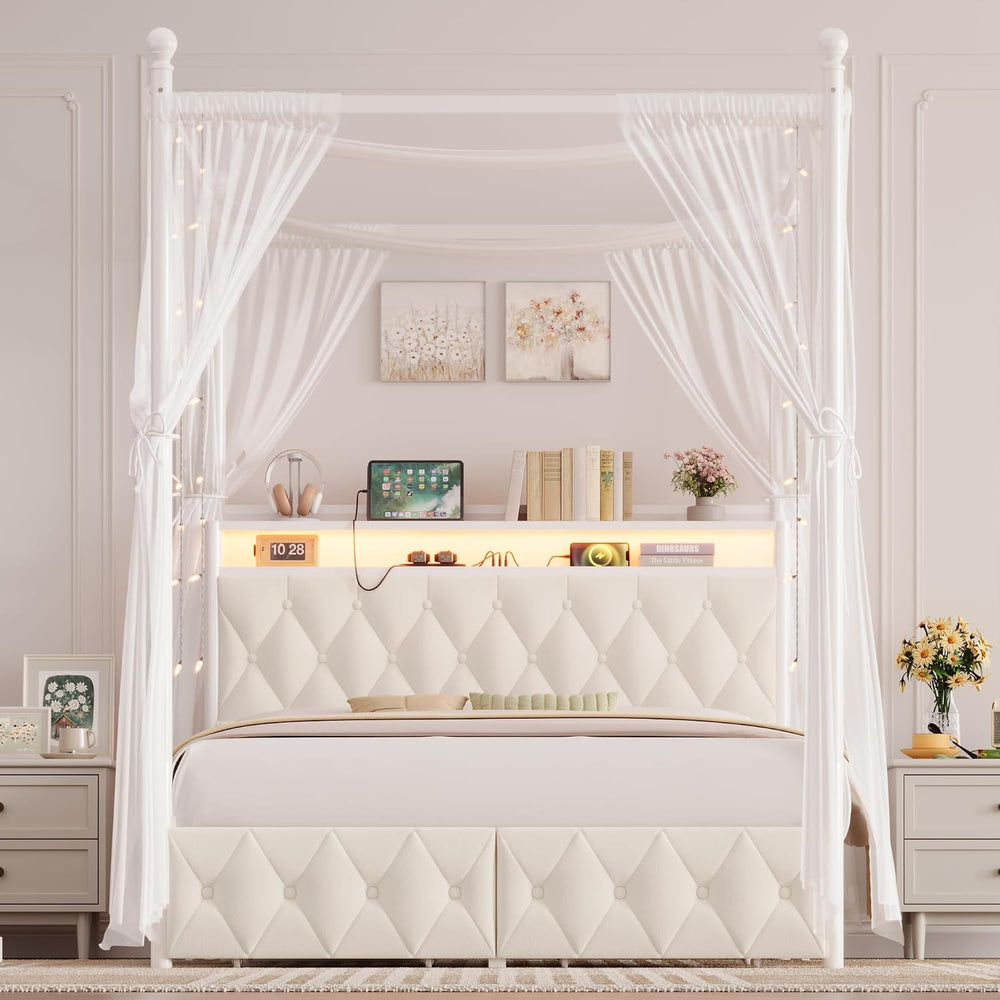 HIFIT Full Size LED Canopy Bed Frame with Storage & Charging Station, Beige