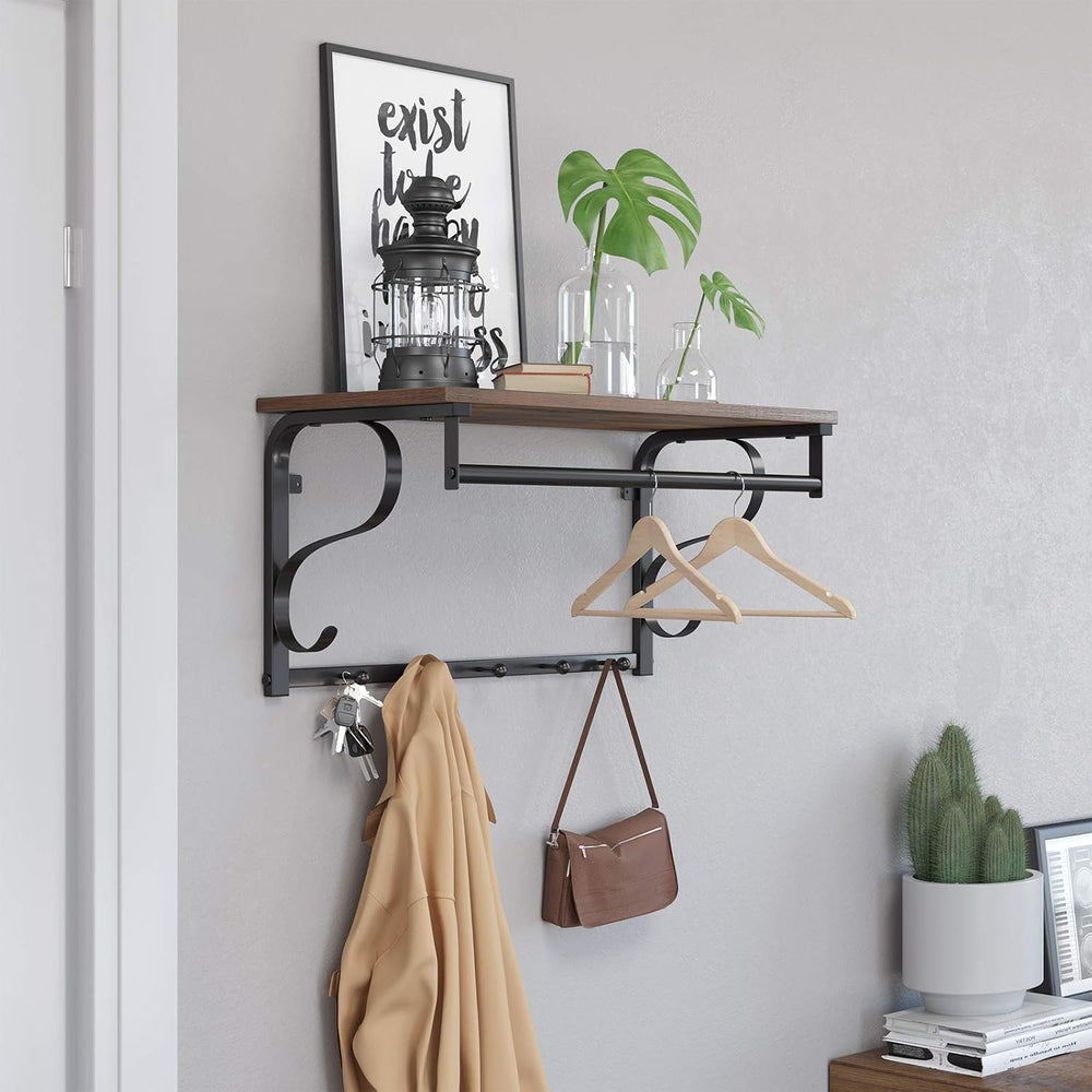 VASAGLE Coat Rack Wall Mount, Wall Hooks with Shelf, Hanging Rail, 5 Hooks