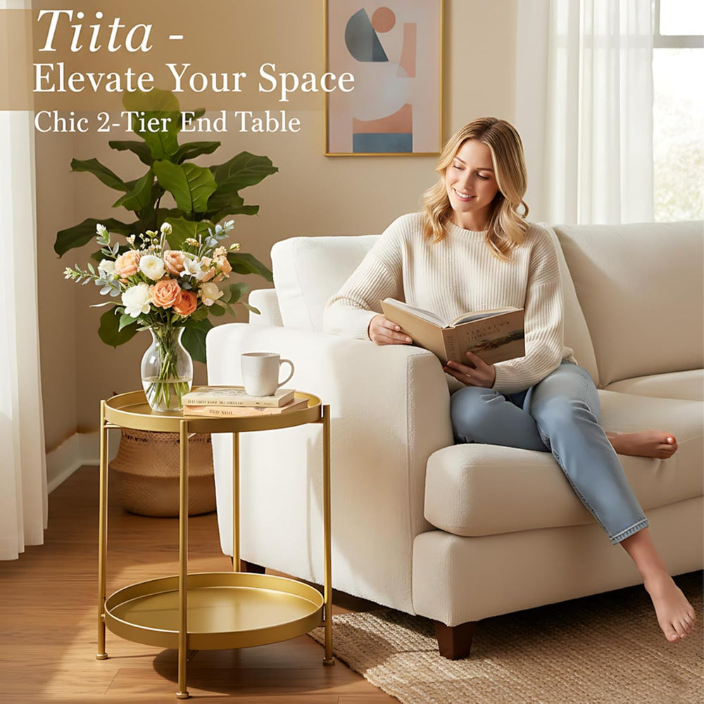Tiita Gold Round End Tables, 2 Pack, 2-Tier Metal Side Tables, Nightstands