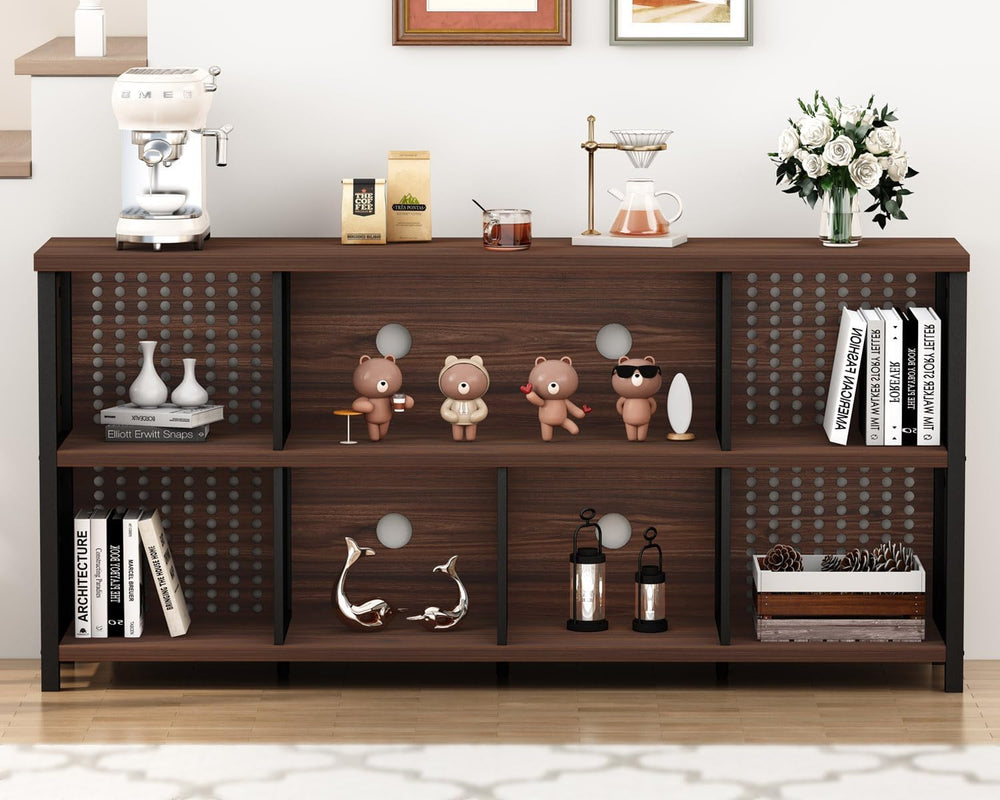 LVB Wood Horizontal Bookshelf, Industrial Bookcase with Storage, Walnut 63"