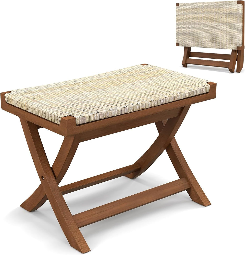 Tangkula Folding Natural Rattan Ottoman, Saddle Footrest Stool with Hand-Wove...