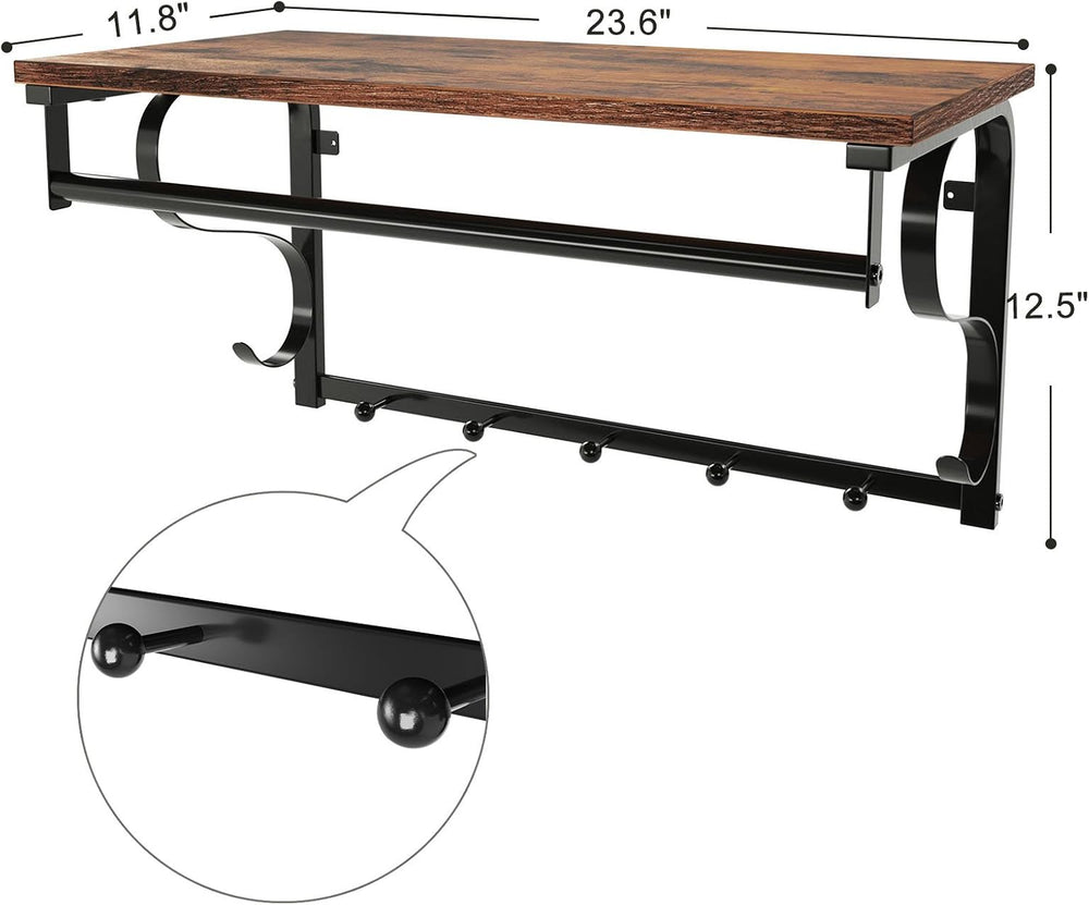 VASAGLE Coat Rack Wall Mount, Wall Hooks with Shelf, Hanging Rail, 5 Hooks