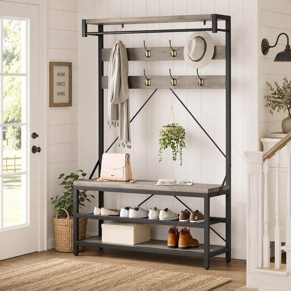 Hall Tree with Bench and Shoe Storage, Entryway Organizer with 8 Hooks