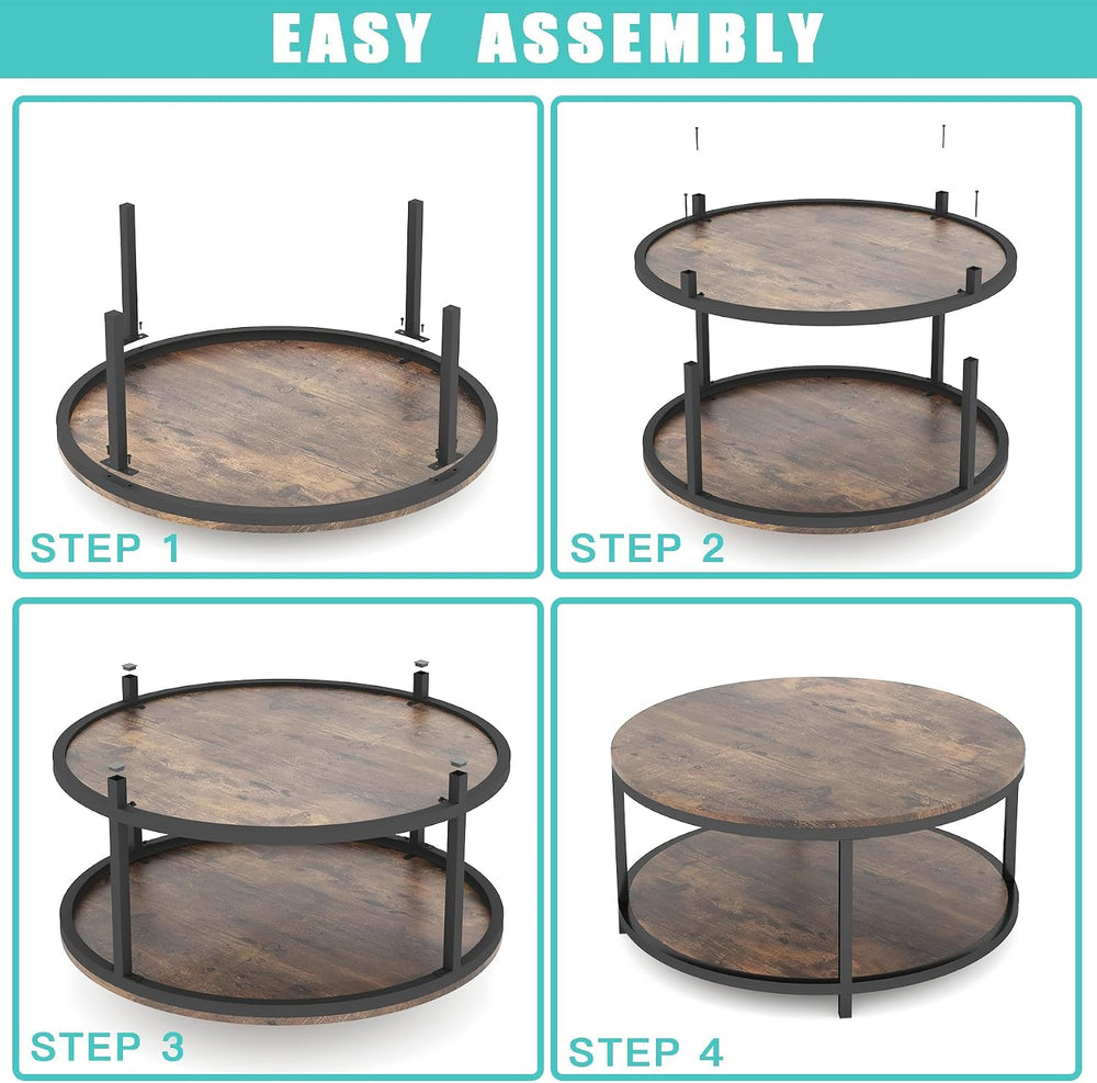 NSdirect 36 inches Round Coffee Table, Rustic Wooden Surface Top & Sturdy...