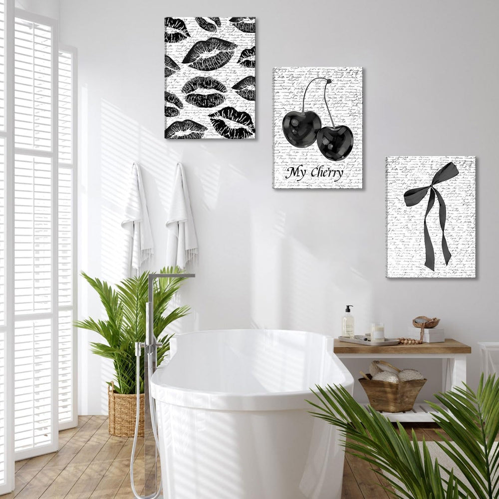 Black And White Canvas Wall Art Set of 3, Fashion Black White Lips And Cherry...