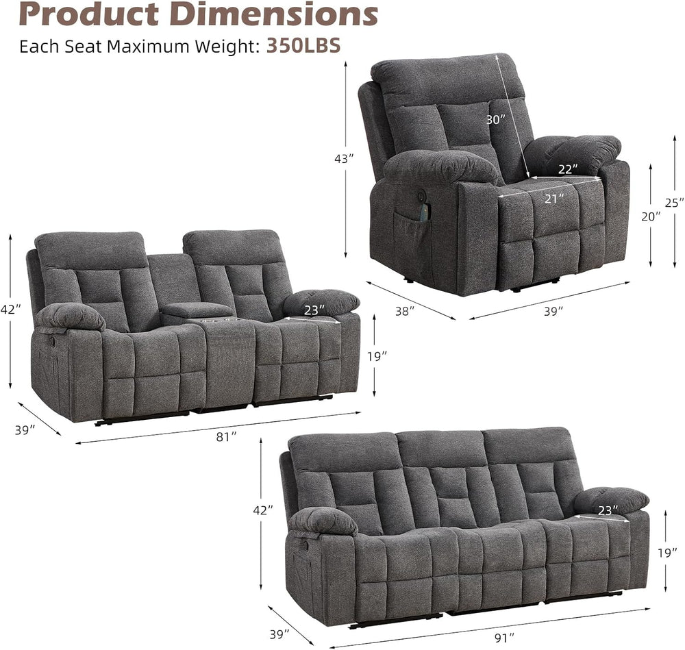 CANMOV Reclining Sofa Set, 3 Pieces Recliner Sofa Set, Power Lift Recliner Ch...