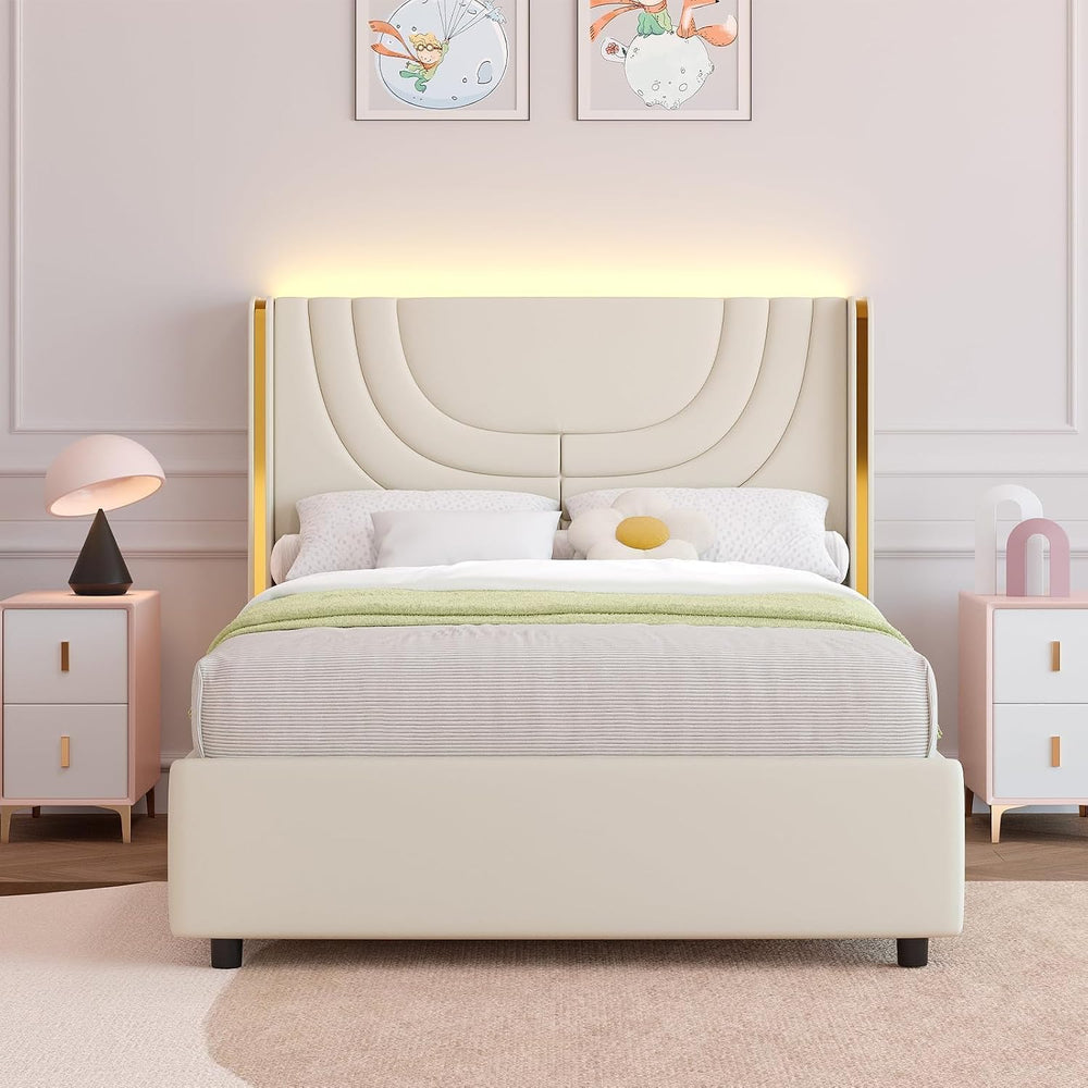 Twin Size Bed Frame with LED Lights and Gold Wingback Headboard,Cream