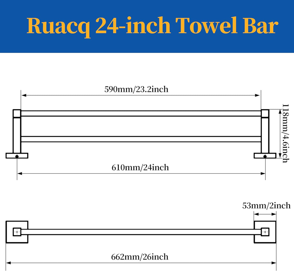 RUACQ Double Towel Bar 24" Towel Racks for Bathroom Wall Brushed Nickel