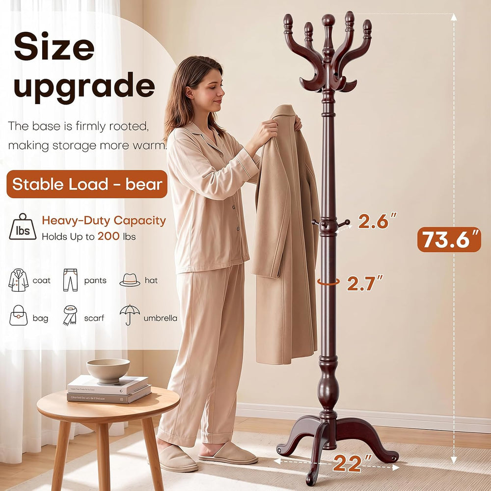 Freestanding Coat Rack with Hook, 73.6IN Tall Wooden Coat Tree
