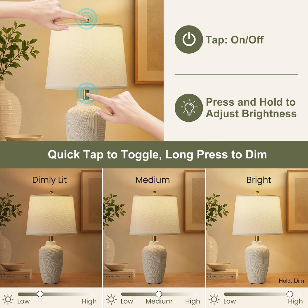 24" Touch Table Lamps,Ceramic Night Stand Bedside Lamp,White-1Pack