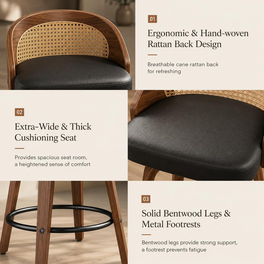 REONEY Swivel Bar Stools Set of 4, 26" Counter Height, Rattan Black