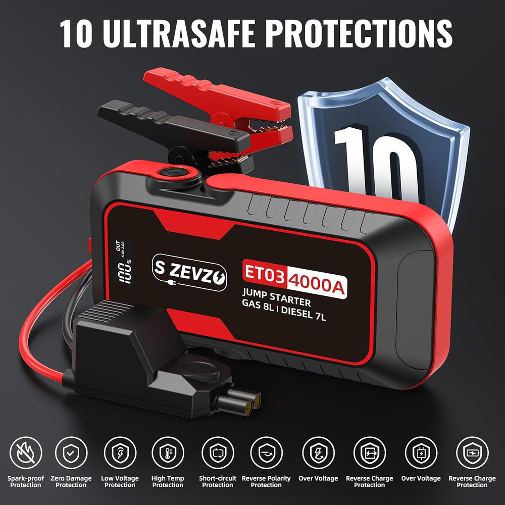 S ZEVZO ET03 Car Jump Starter 4000A Jump Starter Battery Pack for Up to 8.0L ...