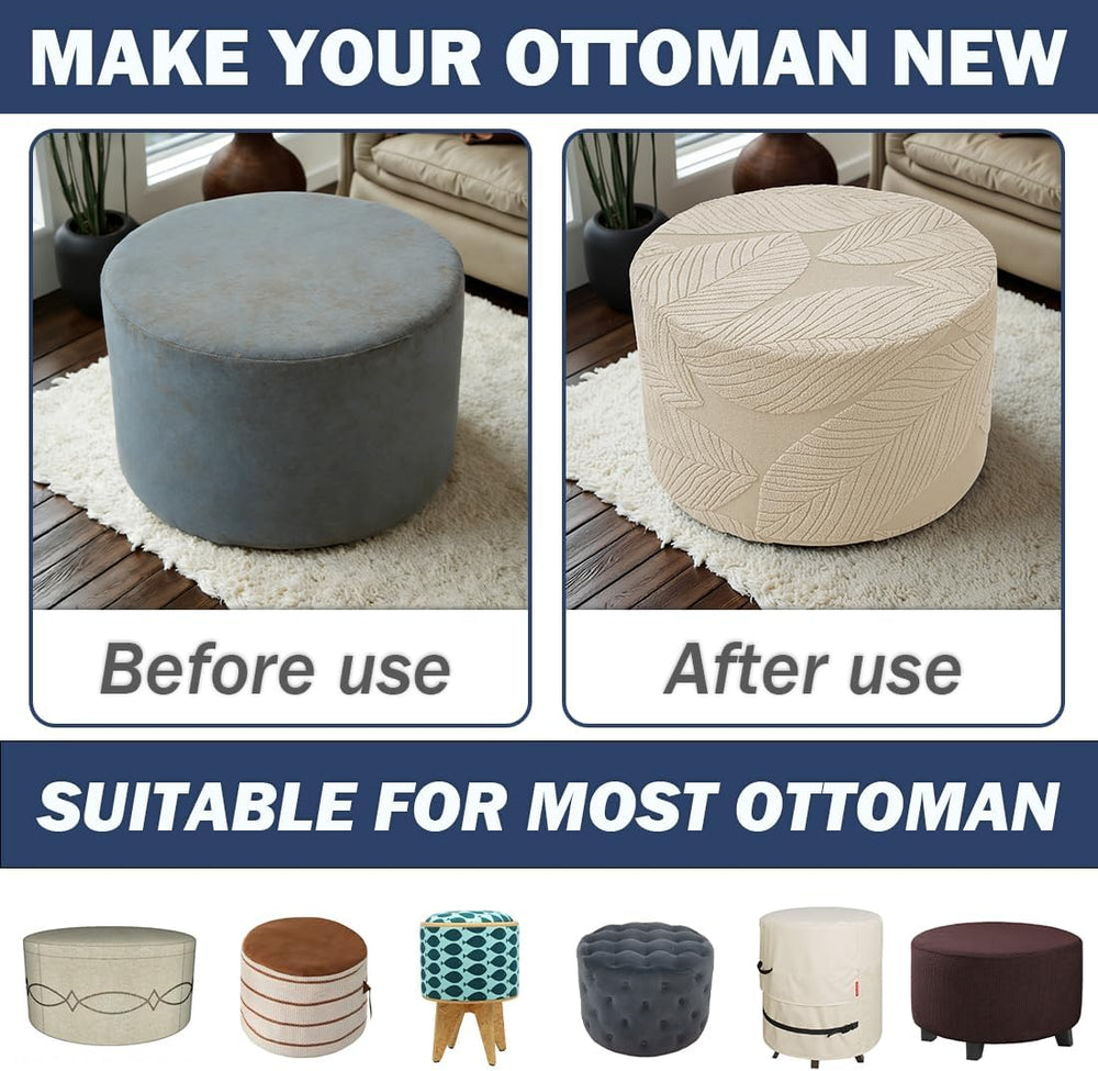Round Ottoman Cover Stretch Round Ottoman Storage Slipcover Leaves Jacquard F...