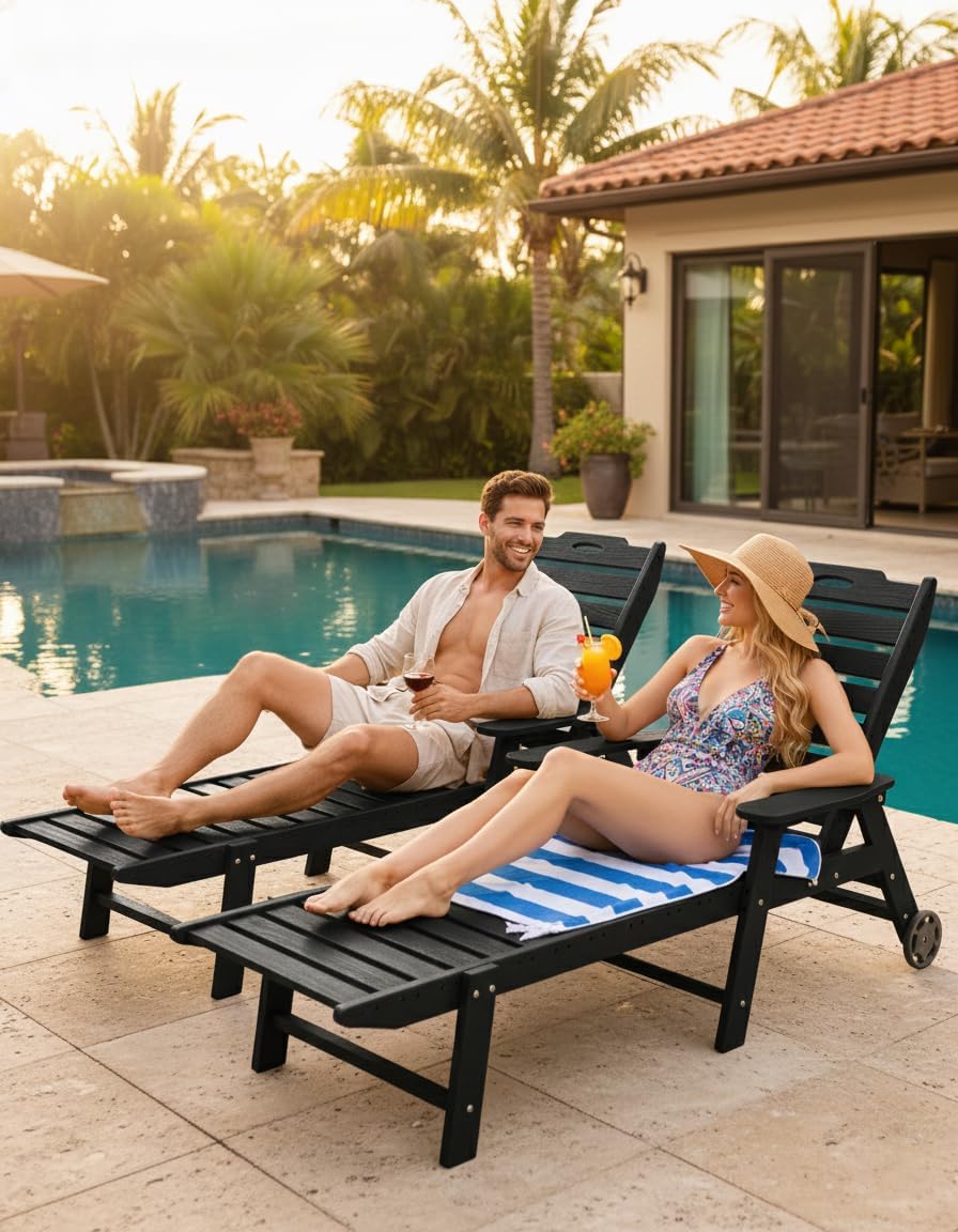 Carauci Lounge Chair Outdoor Set of 2, HDPE Chaise Lounge with Wheels, 5-Posi...