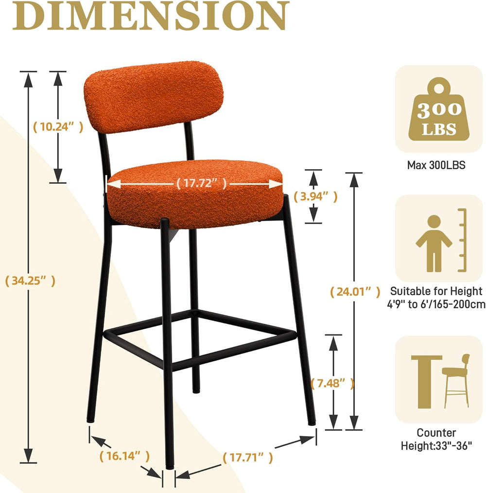 DYHOME Bar Stools Set of 2, 24 Inch Boucle Upholstered Counter Stools