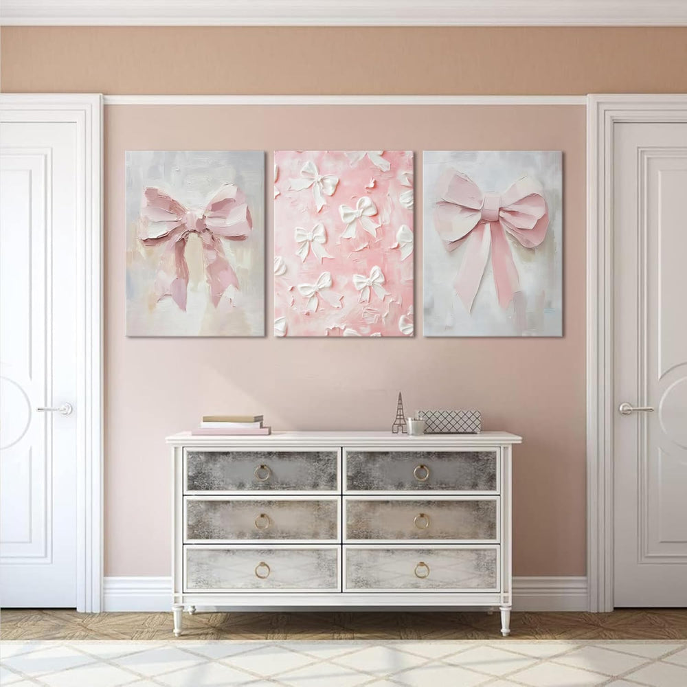 Pink Bow Canvas Wall Art Set of 3 Coquette Oil Painting Cute Bow Posters Wall...