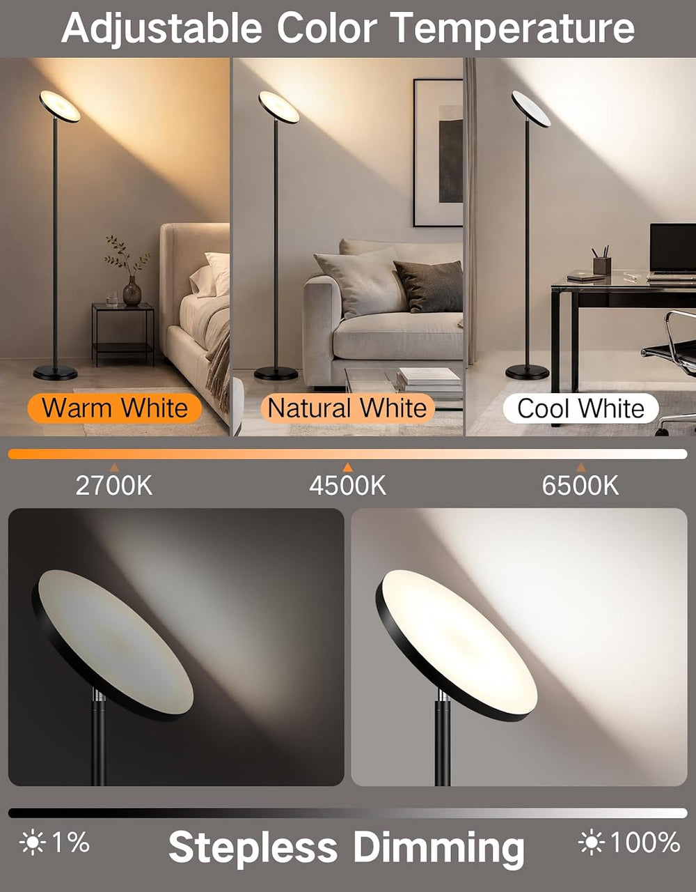 OUTON 69" LED Floor Lamp, Dimmable Torchiere Floor Lamp with Remote, Black