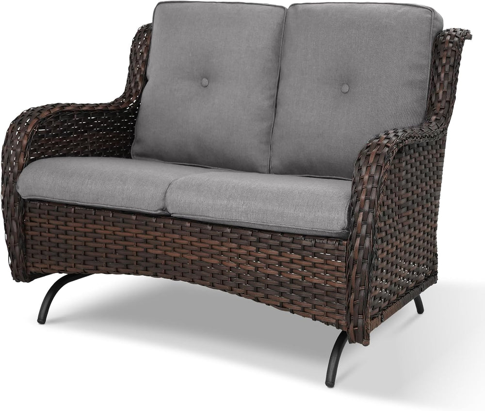 Patio Loveseat Wicker Loveseat Rattan Glider Sofa with Curved Armrest Thickin...