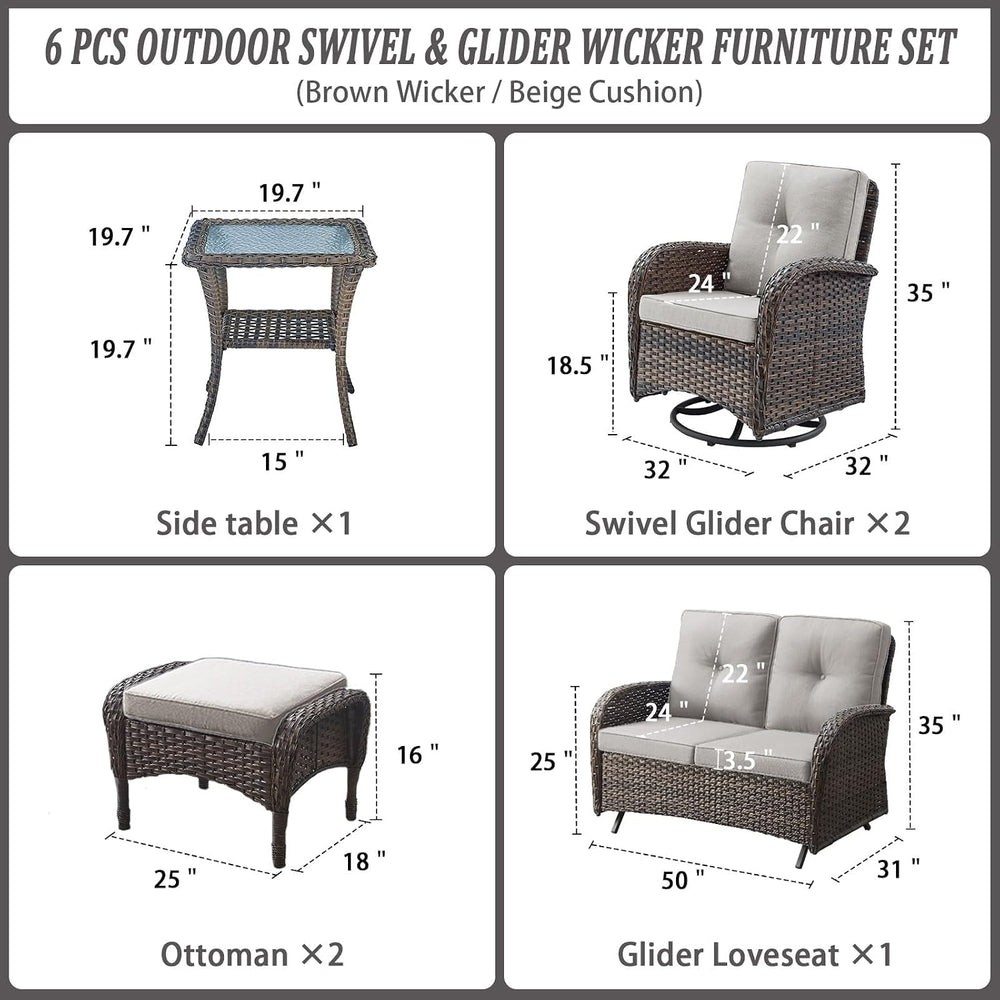 Belord 6 Pieces Wicker Patio Conversation Sets with Outdoor Swivel Rocker Cha...