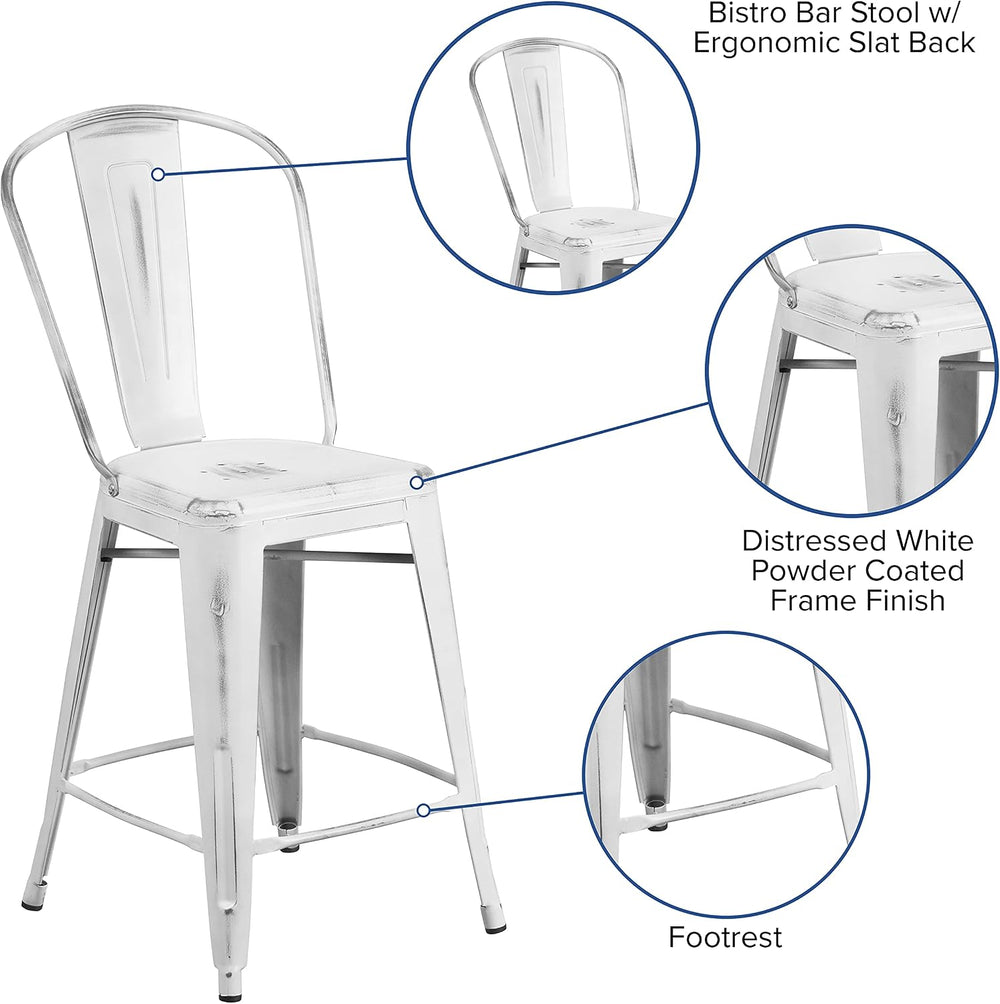 EMMA + OLIVER 24" Distressed White Metal Indoor/Outdoor Counter Stool