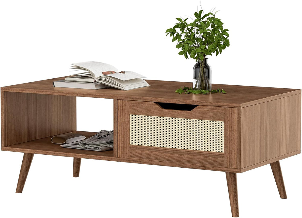 DIYART Brown Rattan Coffee Table, Mid Century Modern with Drawer & Shelf,...