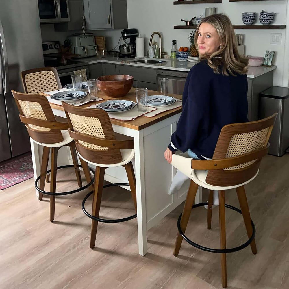 Rattan Swivel Bar Stools, Mid Century Bar Height Bar Stools with Back
