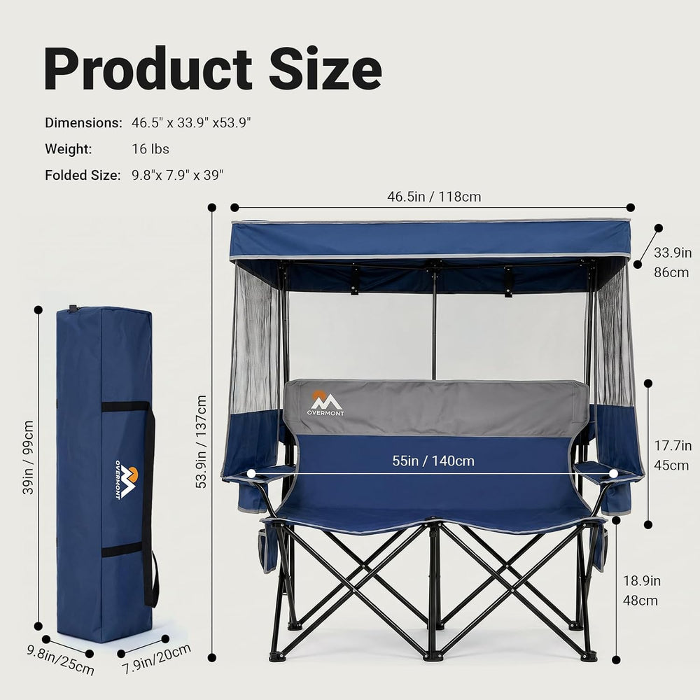 Overmont Camping Chair with Canopy- Folding Double Loveseat Chair with Adjust...