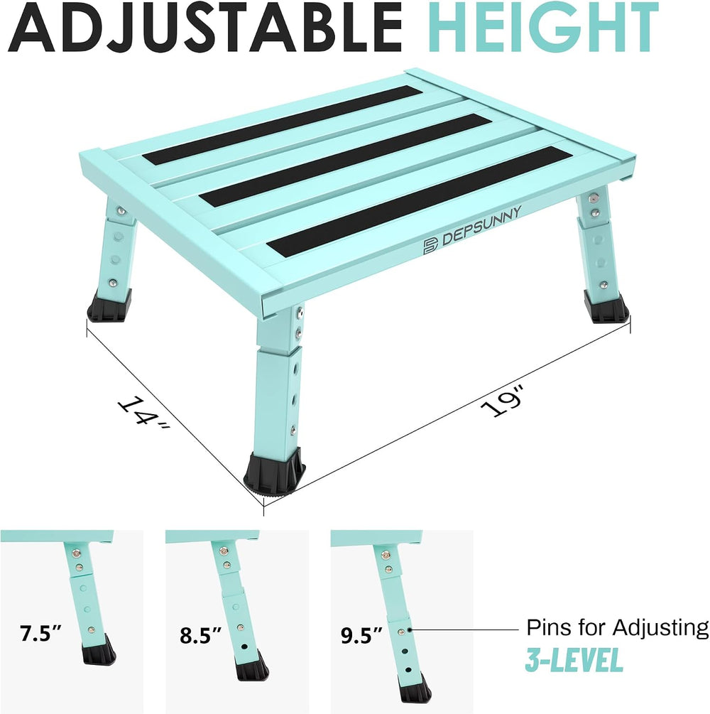 Adjustable RV Step Stool, Wide Platform, Foldable Legs, Green
