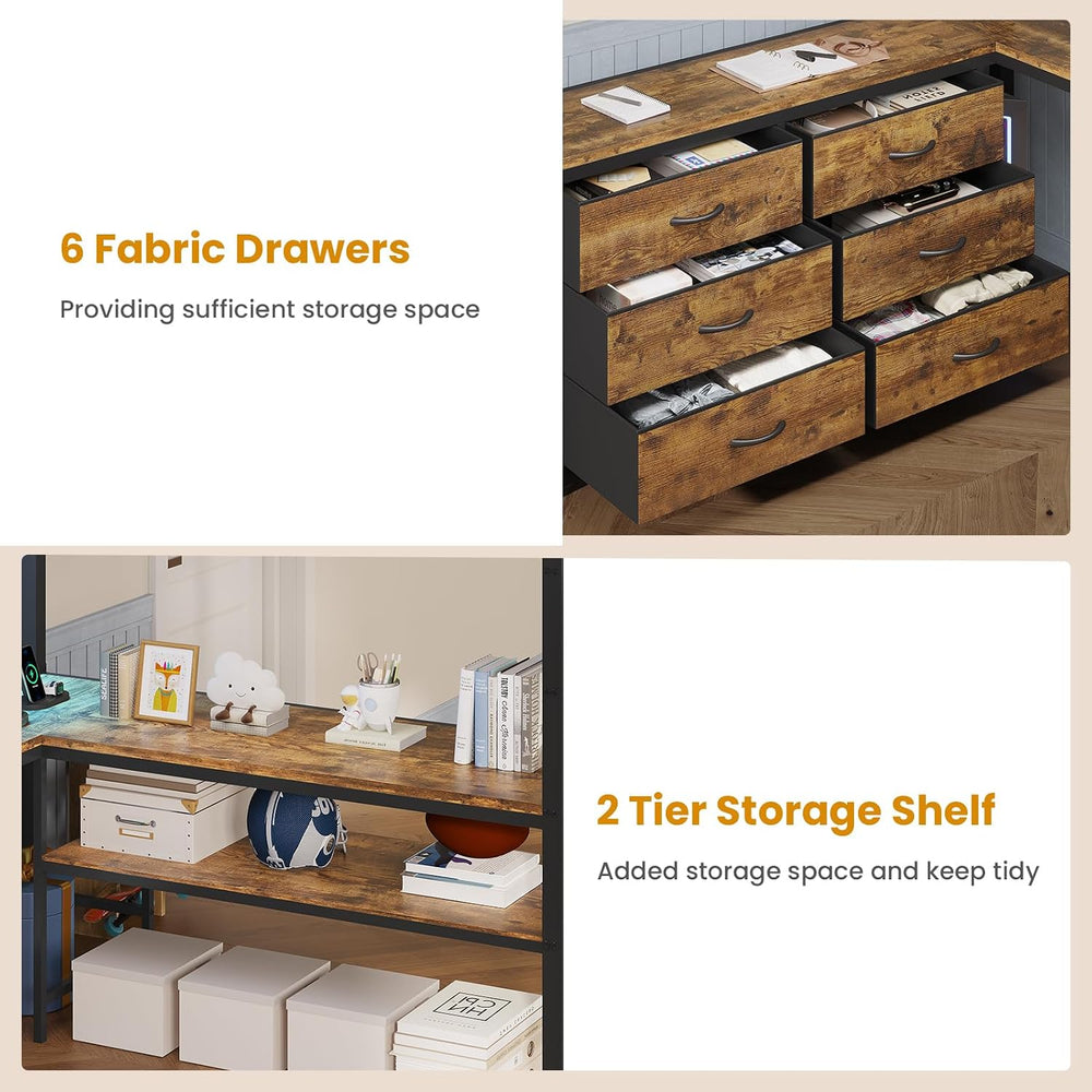 ADORNEVE Loft Bed Full Size with U-Shaped Desk, 6 Drawers, Rustic Brown