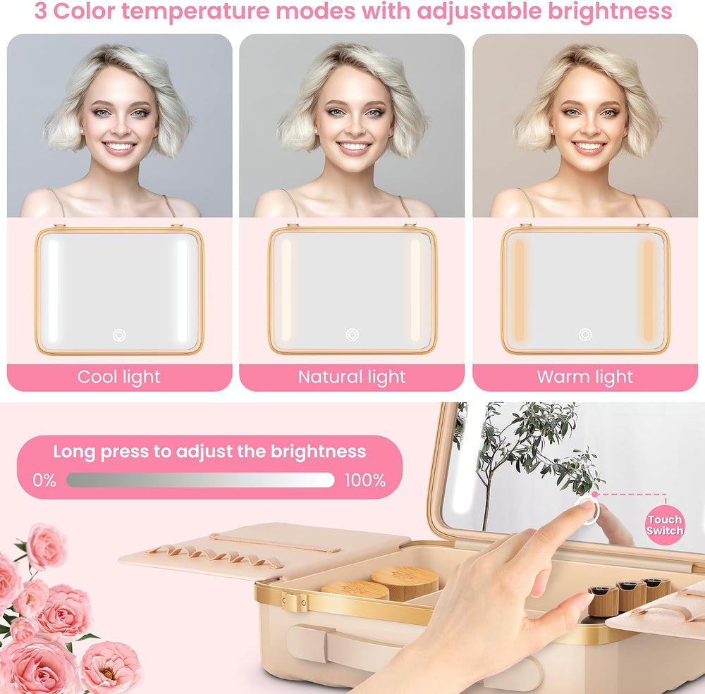 EASYINBEAUTY Makeup Travel Case with LED Lighted Mirror, Pink