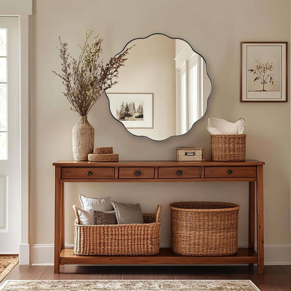 ANDY STAR Chrome Round Wall Mirror 28 inch, Polished Metal Frame Circle Bathr...