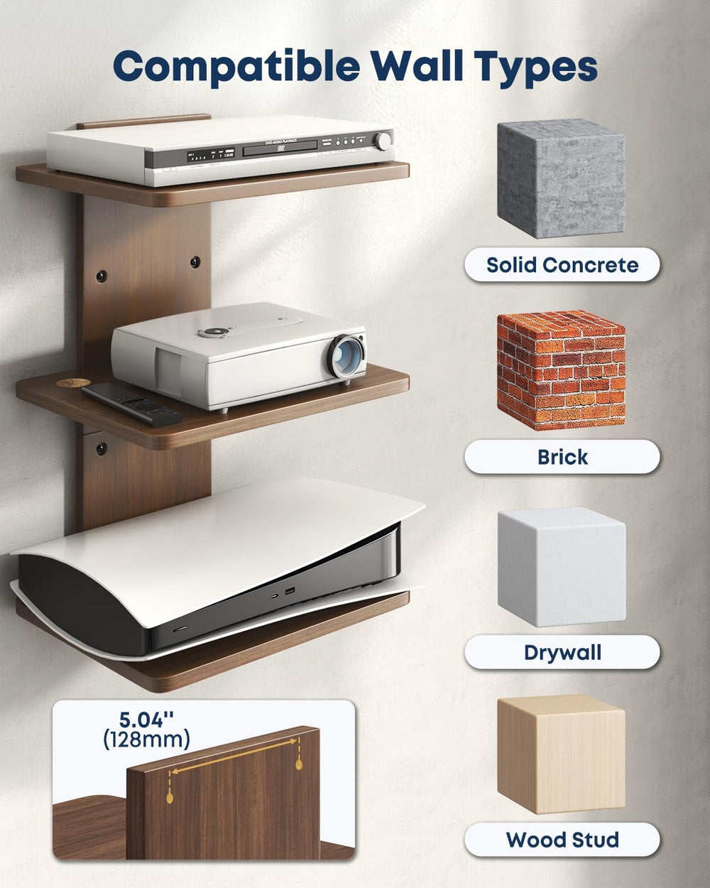 Floating TV Projector Shelf Wall Mount - 3 Tier Wooden Shelf, Walnut Brown