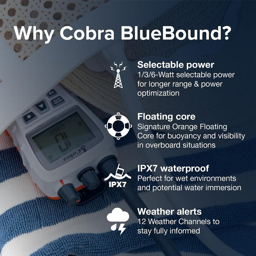 Cobra BlueBound 350 VHF Handheld Marine Radio - White, 6-Watt, Floats