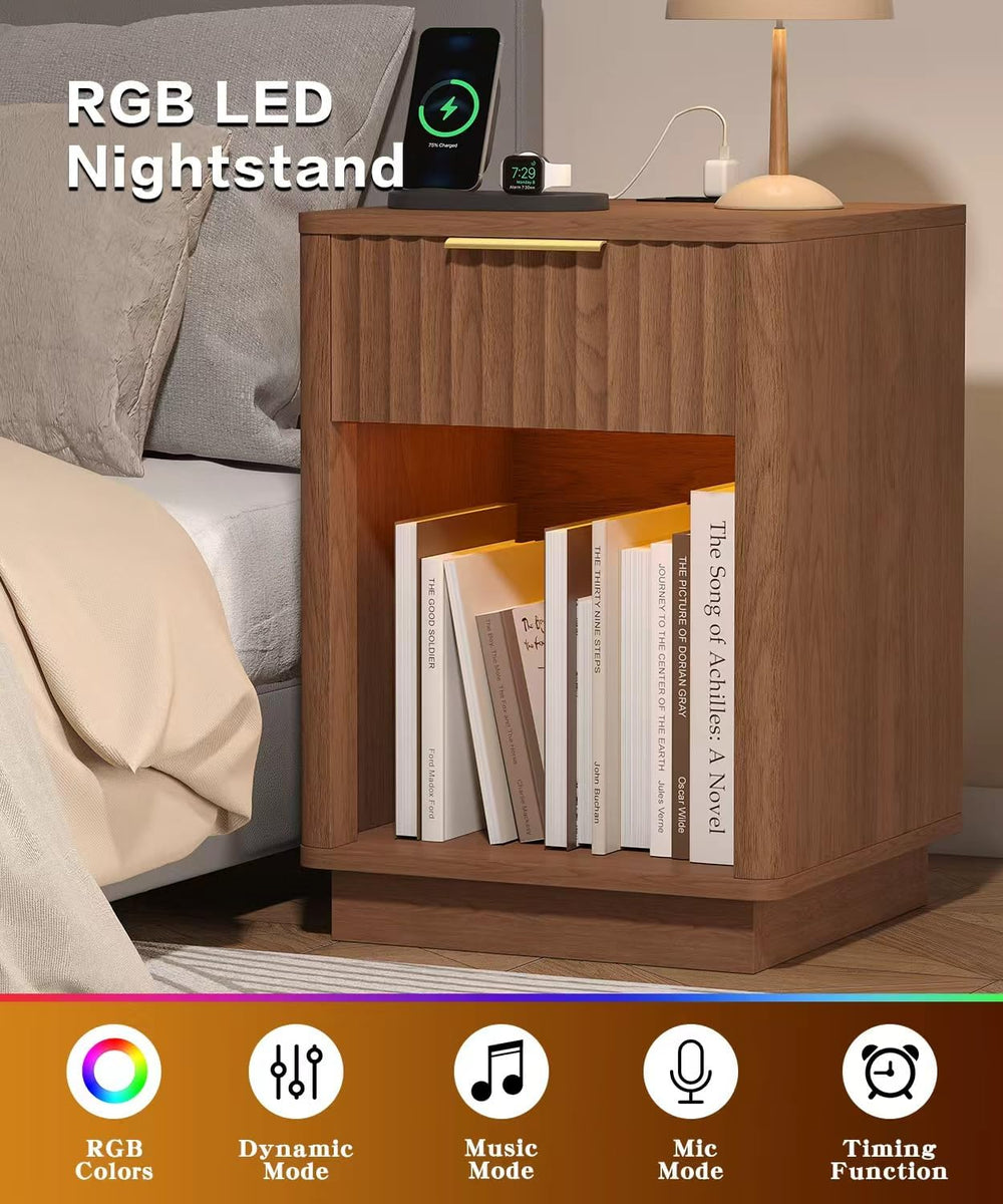 Akxomel Fluted Nightstand Set 2 Bedside Table with Charging Station Walnut