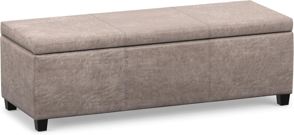 SIMPLIHOME Avalon 48" Wide Vegan Leather Storage Ottoman in Grey