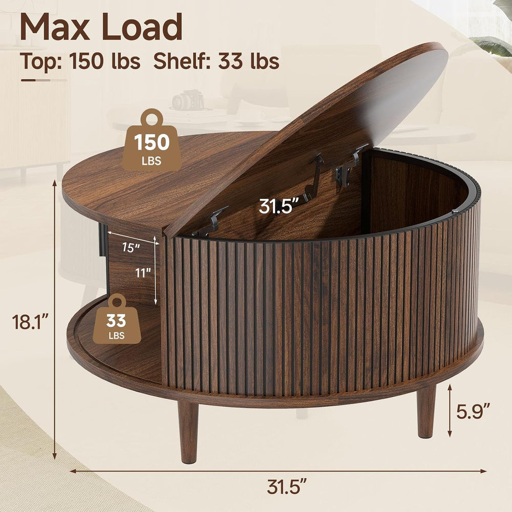 Round Coffee Table with Storage for Living Room, 31.5", Walnut