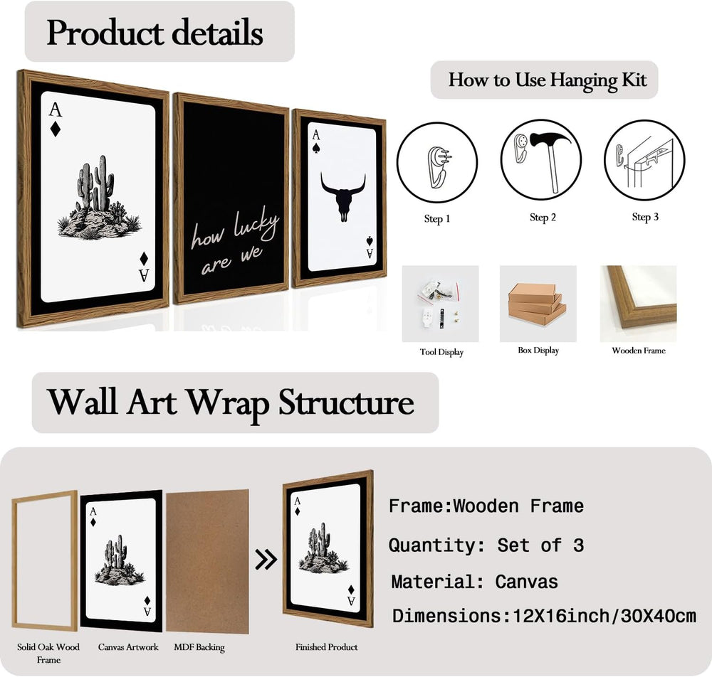 Western Wall Art Set of 3, Southwestern Cowboy Playing Card Wall Decor, Longh...