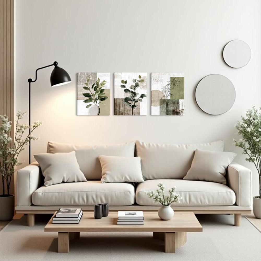 Boho Abstract Eucalyptus leaves Canvas Wrapped Wall Art Set of 3 16x12in
