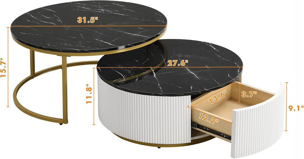 Modern Round Nesting Coffee Table Fluted with Drawer in Black & Gold in 3...