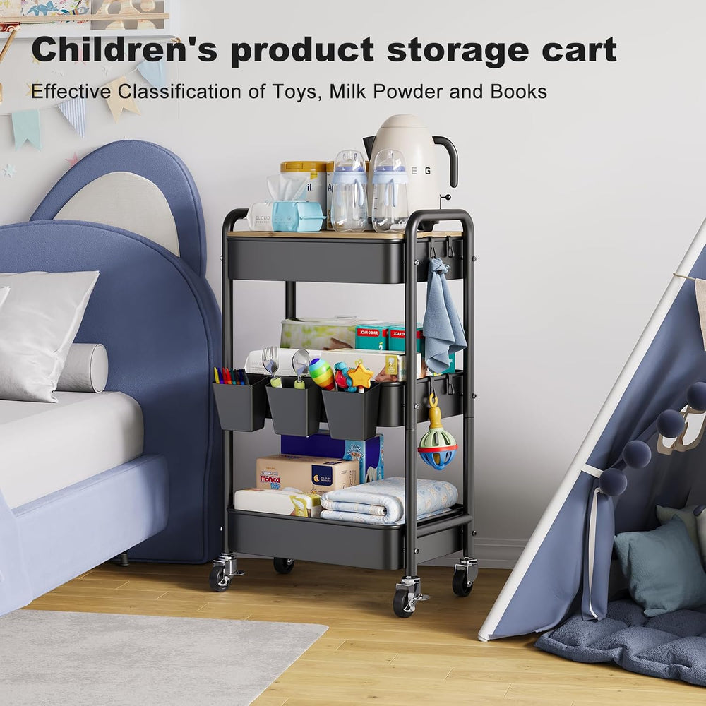 3 Tier Storage Rolling Cart with Wood Table Top on Lockable Wheels(Black)