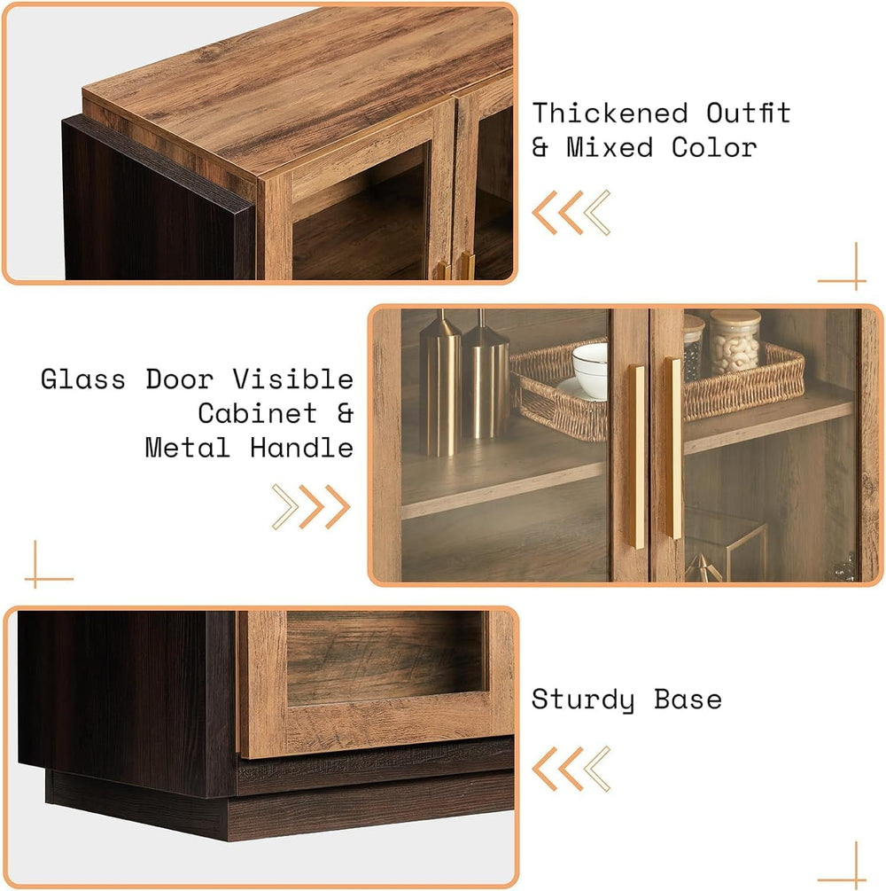 AMERLIFE Modern Sideboard Buffet Cabinet with Storage & Glass Doors, Brown