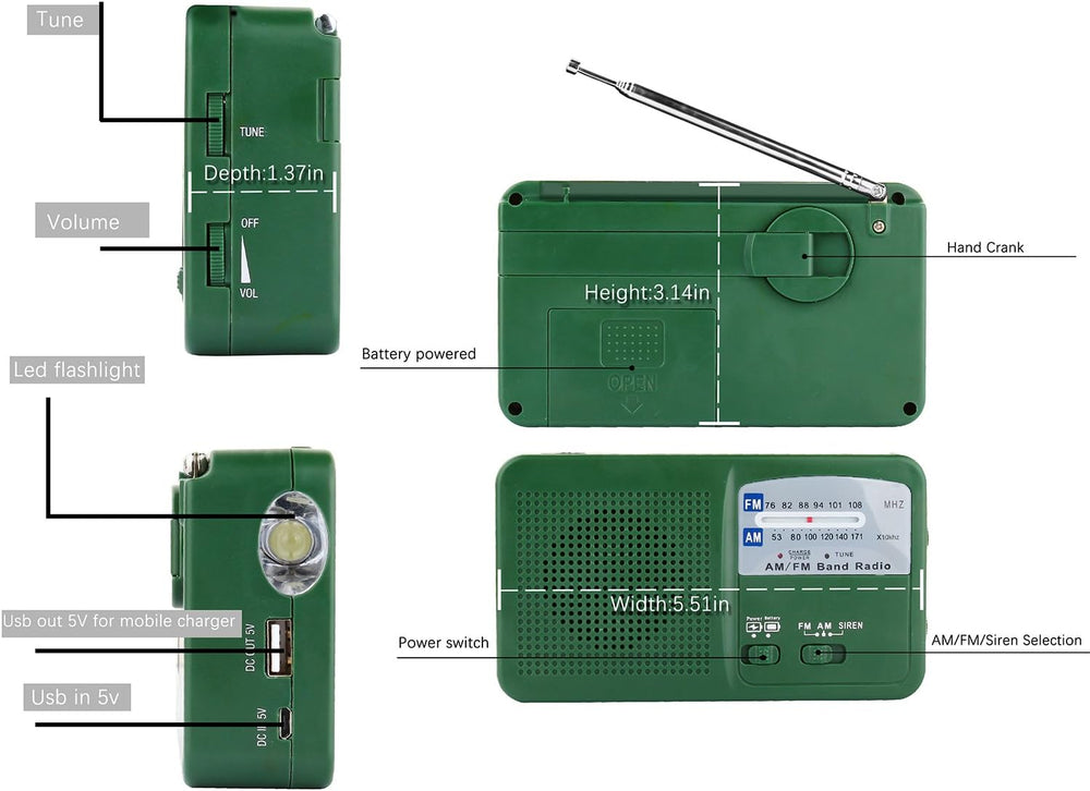 Emergency Radio with Solar and Hand Crank Self Powered, Battery USB Rechargin...