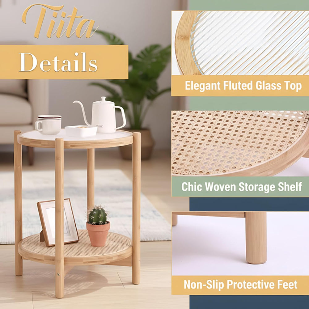 Tiita Natural Rattan End Table with Storage, Bamboo Glass Top Side Table