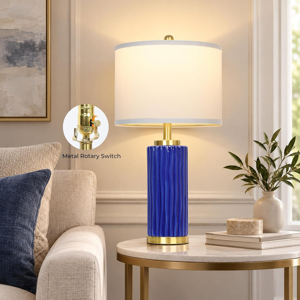 JUNNAI 25'' Navy Blue Ceramic Table Lamp, 3 Color Temperature Bulb In...